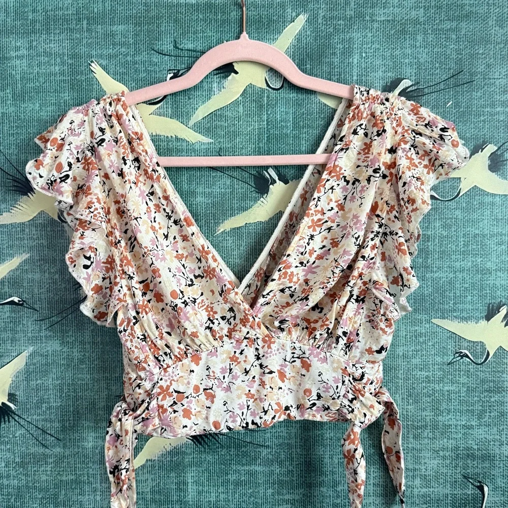 Free People Floral Ruffle Crop Top - Cream and Orange - Picture 4 of 6